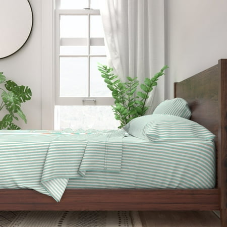 Teal Orange Tangerine Stripes Floating 100% Cotton Sateen Sheet Set by Roostery
