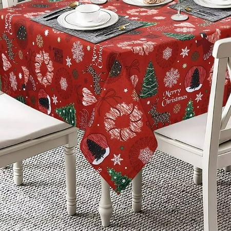 

GlowSol Rectangle Christmas Tablecloth 60 x120 Xmas Themed Deer Snowflake Tree Print Table Cloth Table Cover Protector for Holiday Dinner Party Kitchen Red
