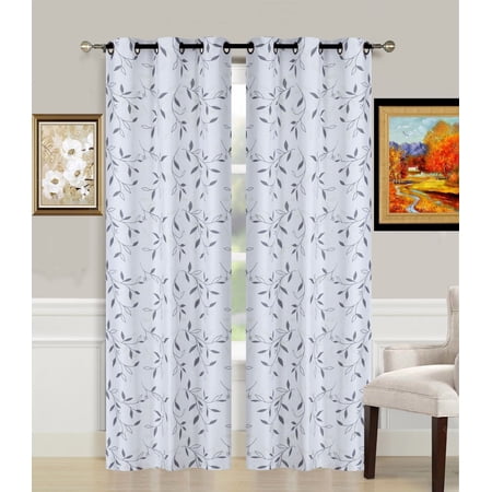 2-Piece Leaf Silver Printed Lined Blackout Grommet Window Curtain Treatment, Set Of Two (2) Room Darkening Panels 37" Wide X 84" Length (Each)