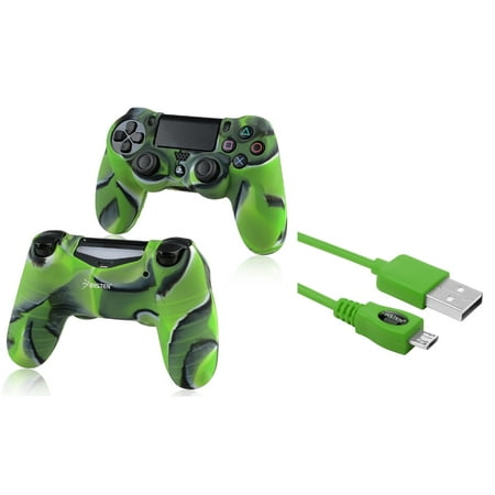 Insten Green 10FT Micro USB Charger Cable+Camouflage Navy Green Skin Case Cover for Sony PS4 Playstation 4