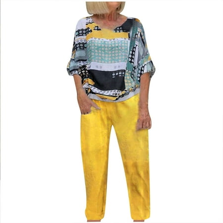 Homenesgenics Womens Suit Plus Size Pajamas for Women Two-Piece Women s Summer Printed Half Sleeve Round Neck Tops and Solid Long Pants 
Homenesgenics Womens Suit Plus Size Pajamas for Women Two-Piece Women s Summer Printed Half Sleeve Round Neck Tops and Solid Long Pants