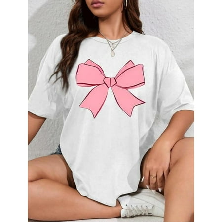 Bow Print Summer Design Daily Wear Graphic Tees Tops Short Sleeve Round Neck Commuting White S-5XL