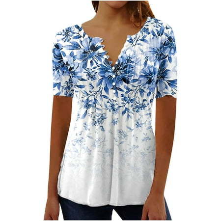 

Wenini Plus Size Corset Tops For Women Floral Print Tunic V-Neck Short Sleeve Summer T-Shirts Party Loose Fashion Casual Sexy Fold Blouses Tops with Button Blue XXXXL