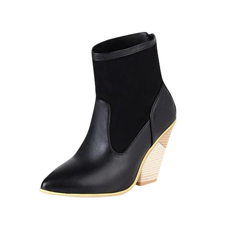 Boots for Women Winter Fleece Short Patchwork Colour High Heel Back Zipper Boots