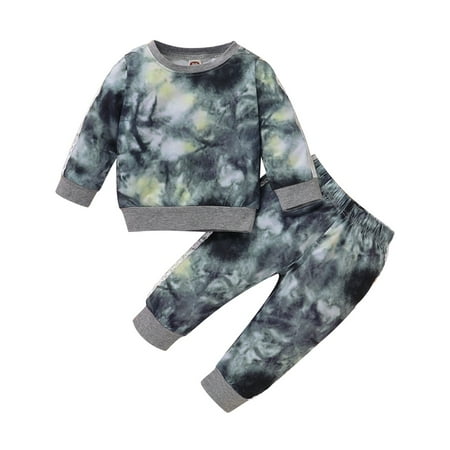 Kucnuzki 12 Months Baby Boy Winter Outfits Pants Sets 18 Months Long Sleeve Tie Dye Prints Sweatshirt Tops Elastic Pants 2PCS Set Gray