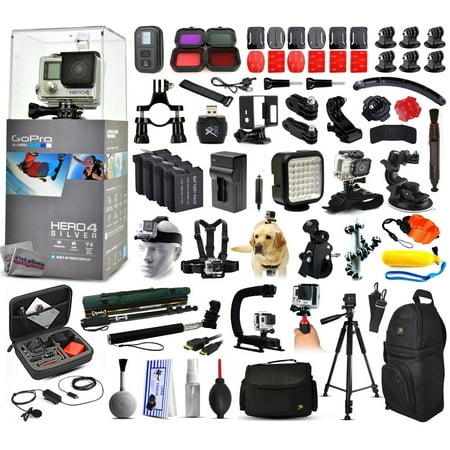 GoPro Hero 4 HERO4 Silver Edition CHDHY-401 with Filters + WiFi Remote + Filters + 4 Batteries + Skeleton Housing + Microphone + X-Grip + LED Light + Car Mount + Travel Case + Selfie Stick + More