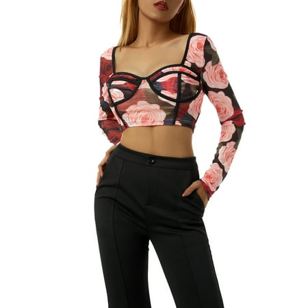 Womens Mesh Crop Exposed Navel Tops Floral Print Bustier Shirt Long Sleeve V-Neck Tops for Club Streetwear
Womens Mesh Crop Exposed Navel Tops Floral Print Bustier Shirt Long Sleeve V-Neck Tops for Club Streetwear