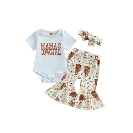 Western Baby Girl Clothes Letter Print Short Sleeve Romper Cow Print Flare Pants Headband 3Pcs Summer Outfits Set
Western Baby Girl Clothes Letter Print Short Sleeve Romper Cow Print Flare Pants Headband 3Pcs Summer Outfits Set