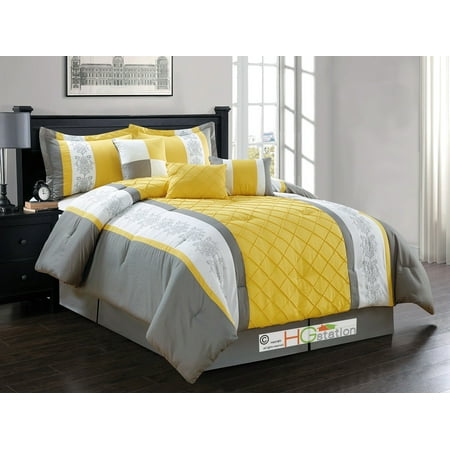 7-Pc Diamond Pleated Stripe Damask Floral Embroidery Comforter Set Yellow Silver Gray White King