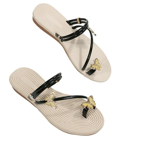 

Women s Flip Flops Strappy Slide Flat Sandal Fisherman Thong Cross Strappy Sandals Womens Summer Slippers Rhinestone & Butterfly Decorate Toe Ring Design Sandals Black 8.5