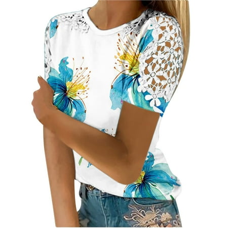 Yourumao Women Clearance Tops Floral Graphic Slimming Tunic Camisole for Women Summer Fall Short Sleeve Lace Floral Shoulder Crewneck Lounge Tops Bustier Shirts Teen Girls Clothing Country