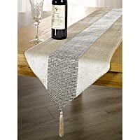 TM 13inch x 72inch Table Runner with Diamante Strip and Tassels (Beige)(Beige)