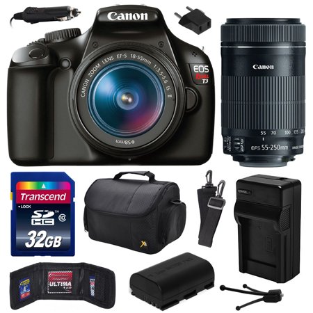 Canon EOS Rebel T3 Digital SLR Camera with EF-S 18-55mm f\/3.5-5.6 IS and EF-S 55-250mm f\/4-5.6 IS STM Lens with 32GB Memory + Large Case + Battery + Charger + Card Wallet + Cleaning Kit 5157B002 Canon EOS Rebel T3 Digital SLR Camera with EF-S 18-55mm f\/3.5-5.6 IS and EF-S 55-250mm f\/4-5.6 IS STM Lens with 32GB Memory + Large Case + Battery + Charger + Card Wallet + Cleaning Kit 5157B002