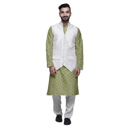 Atasi Traditional Printed Kurta Churidar Pajama Set With Nehru Jacket For Men