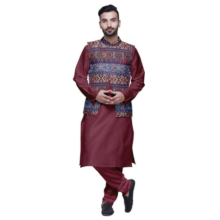 Atasi Indian Long Kurta Men Solid Kurta Pajama With Printed Nehru Jacket Set