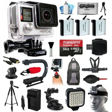 GoPro HERO4 Silver Edition 4K Action Camera with 64GB MicroSD, 3x Batteries, Charger, Card Reader, Backpack, Chest Harness, Action Handle, Tripod, Car Mount, LED Light, Helmet Strap, Dust Cleaning Kit