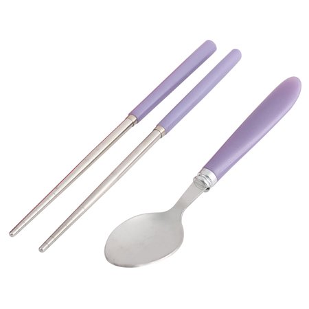 Camping Travel Stainless Steel Meal Tableware Chopsticks Spoon Bag Purple Set