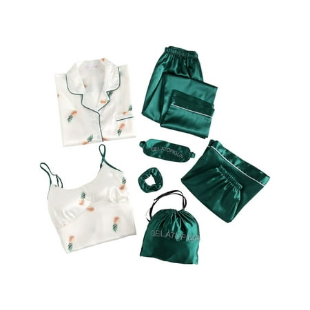 INFITTY Women Pineapple Printed Pajama Hot Sleepwear 7 Piece Set