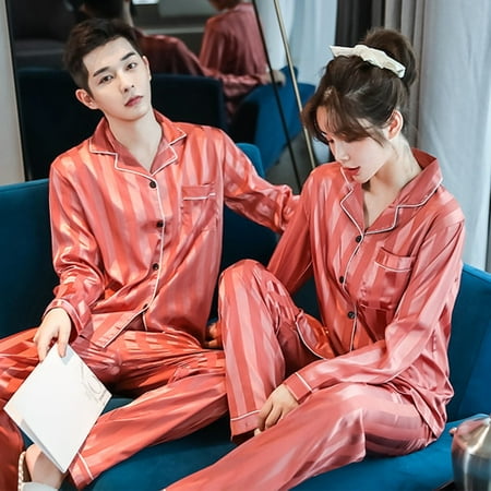 PIKADINGNIS Pajama Suit Men Silk Pajamas Sets Couple Sleepwear Lover Night Men & Women Pajamas Autumn Pajamas for Men Lovers Satin Pajamas