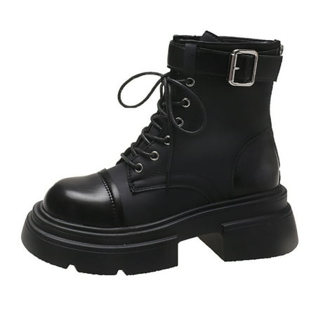 Lovskoo 2024 Combat Boots Womens Round Toe Chunky Heel Side Zipper Fall Short Booties Black
