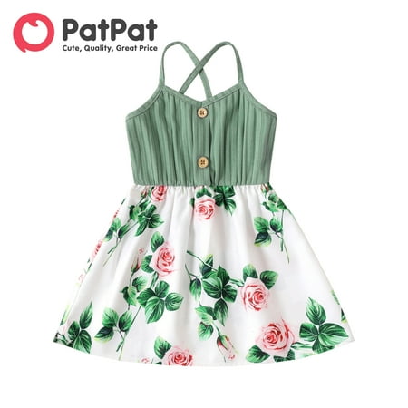PatPat Baby Girl Button Front Rib Knit Spliced Floral Print Cami Dress
