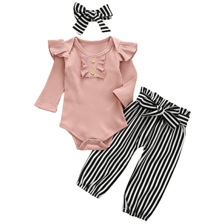 Gwiyeopda Newborn Baby Long Sleeve Cotton Bodysuit Tops Floral Striped Long Pant Headband 3PCS Set