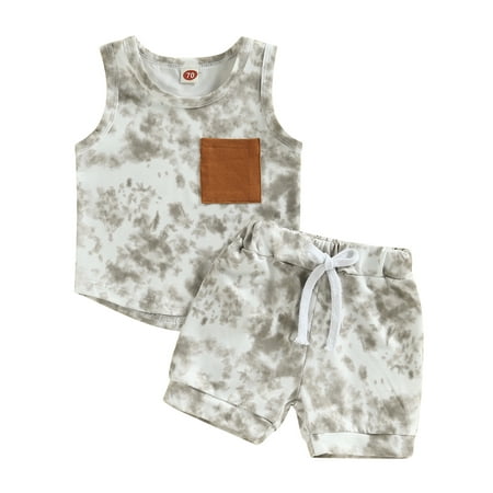 Musuos 2Pcs Baby Boys Tie-Dye Suit Summer Pocket Tank Tops Elastic Waist Shorts