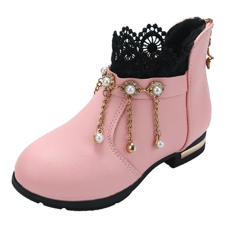 B91xZ Boots For Girls Girls Shoes Fashion Flower Short Boots Non Slip Breathable Nude Boots For Firl Lace Boots for Kids Pink 8 Years