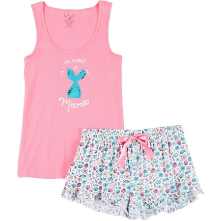 Lala Sleepwear Juniors Mermaid Pajama Shorts Set Large Pink multi