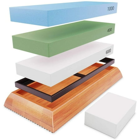 Premium Extra Sharpening Stone Set- Whetstone Knife Sharpener- Grits 400/1000/6000 & Flattening Stone- Kitchen Sharpener with NonSlip Bamboo Base
Premium Extra Sharpening Stone Set- Whetstone Knife Sharpener- Grits 400/1000/6000 & Flattening Stone- Kitchen Sharpener with NonSlip Bamboo Base