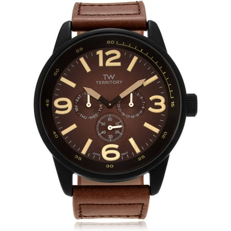 Territory Men's Leather Round Multifunction Strap Fashion Watch, Brown