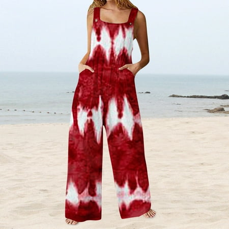 Sayhi Jumpsuits For Women Loose Stretchy Wide Leg Jumpsuit Sleeveless Rompers Dressy Summer Casual Bodysuit Red M