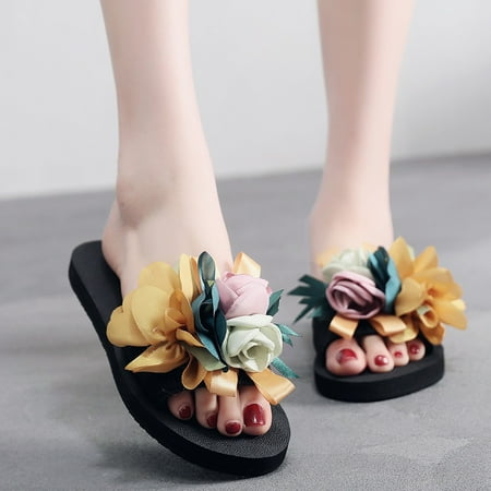 Women s Bohemian Flower Flat Slippers Summer Sandals Non-slip Beach Shoes