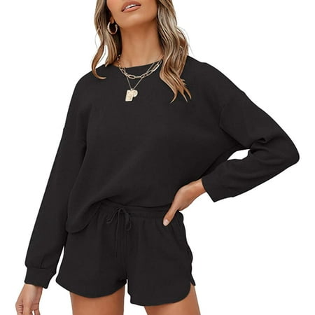 QWZNDZGR Women s Waffle Knit Long Sleeve Top and Shorts Pullover Nightwear Lounge Pajama Set with Pockets