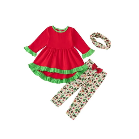 Ma&Baby Toddler Baby Girl Christmas Clothes Outfit Kids Ruffle Sleeve Dress Tops Long Pant Clothing Set
