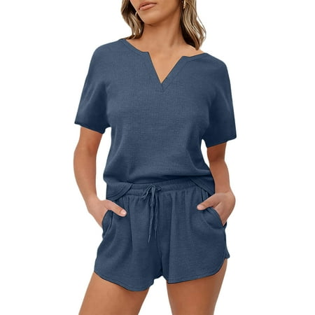 Women s Summer Waffle Knit Pajama Set V-Neck Short Sleeve Top and Shorts with Pockets
Women s Summer Waffle Knit Pajama Set V-Neck Short Sleeve Top and Shorts with Pockets