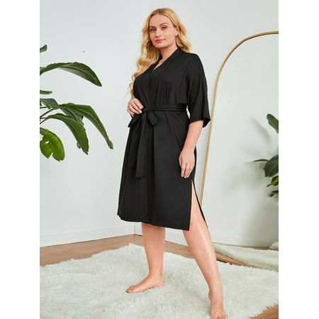 

Women s Plus Drop Shoulder Slit Hem Belted Robe Without Lingerie 1XL(14) Black Casual F22001D