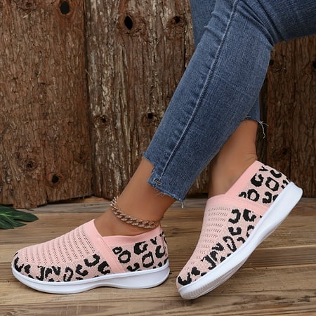 Women s Leopard Print Knit Sneakers Leopard Print Slip-On Sneakers,Slip On Breathable Flat Stretch Casual Shoes Lightweight Low-top Comfy Shoes,Women s and Comfortable Casual Daily Shoes