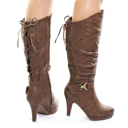 Page65 by Unknown, Mid Calf High Heel Boots w Rear Back Corset Lace Up & Harness