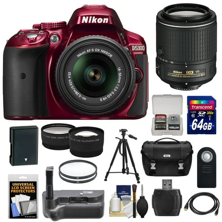 Nikon D5300 Digital SLR Camera & 18-55mm G VR II Lens (Red) with 55-200mm VR II Lens + 64GB Card + Battery + Case + Grip + Tele\/Wide Lens Kit Nikon D5300 Digital SLR Camera & 18-55mm G VR II Lens (Red) with 55-200mm VR II Lens + 64GB Card + Battery + Case + Grip + Tele\/Wide Lens Kit