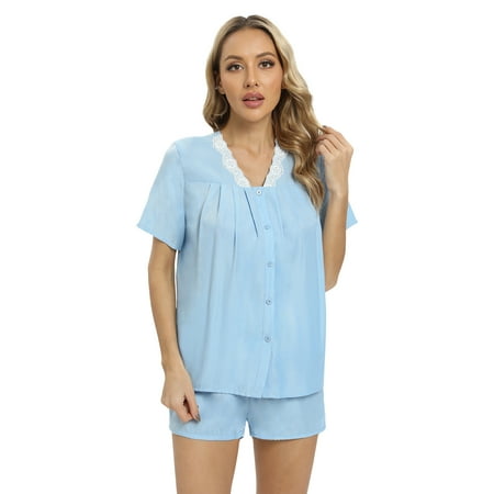 WBQ Womens Lace V Neck Pajamas Set Spring Short Sleeve Button-Down Sleepwear Solid Color Pj Sets 2 Piece Loungewear
WBQ Womens Lace V Neck Pajamas Set Spring Short Sleeve Button-Down Sleepwear Solid Color Pj Sets 2 Piece Loungewear
