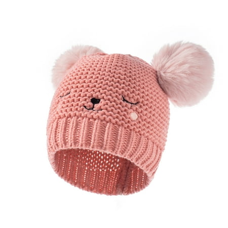 YWDJ 0-3Years Toddler Warm Knitted Hat - Winter Kids Solid Color Double Ball Hair Ball Embroidery Kids Knitted Hat Pink