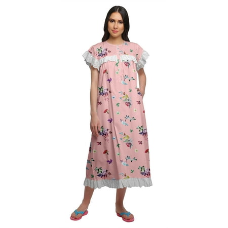 Moomaya Printed WoMen s Button Placket Mid Calf Nightdress Cotton Nightwear