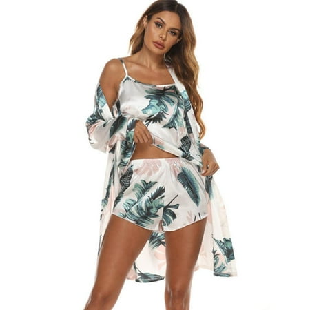 Women s Silk Satin Pajamas Set 3 Pcs Floral Silky Pj Sets Sleepwear Nightwear Sexy Lingerie Cami+Shorts+Nightgown Set