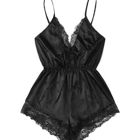 DanceeMangoos Women Sexy Lingerie Bodysuit V Neck Teddy Lace Babydoll Satin Pajamas Nightwear