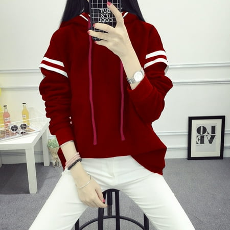 New Fashion Women Hoodie Sweatshirts Drawstring Color Block Pullover Hooded Loose Tops Streetwear