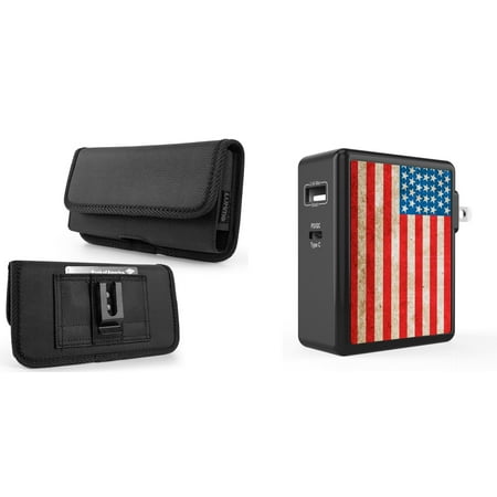 

Holster and Wall Charger Bundle for Asus Zenfone 9: Horizontal Rugged Nylon Belt Pouch Case (Black) and 45W Dual USB Port PD Type-C and USB-A Power Adapter (Vintage American Flag)