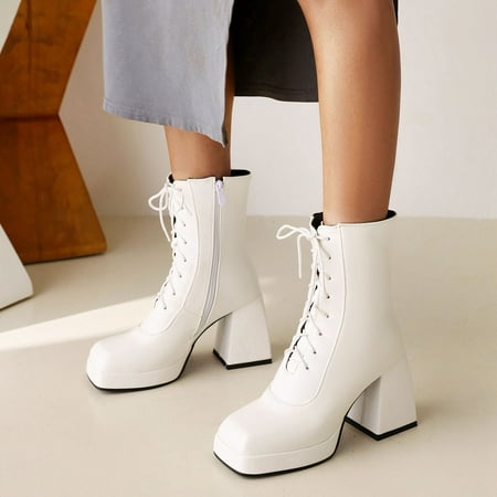 

Bnwani Boots for Women Solid Color Waterproof Lace-up Platform High-heeled Ankle Boots Casual White 7