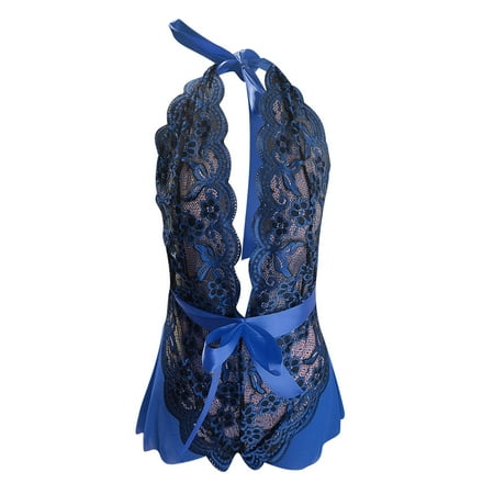 Lace Lingerie For Women Fashion Bobysuit Plaid Nightwear Blue S