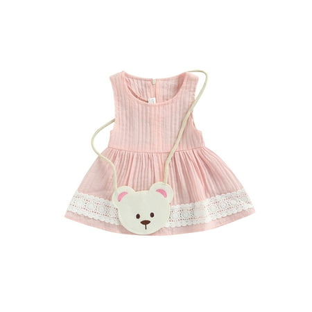 Binpure Baby Girl Summer Dress Lace Patchwork Sleeveless A-line Dress with Bag